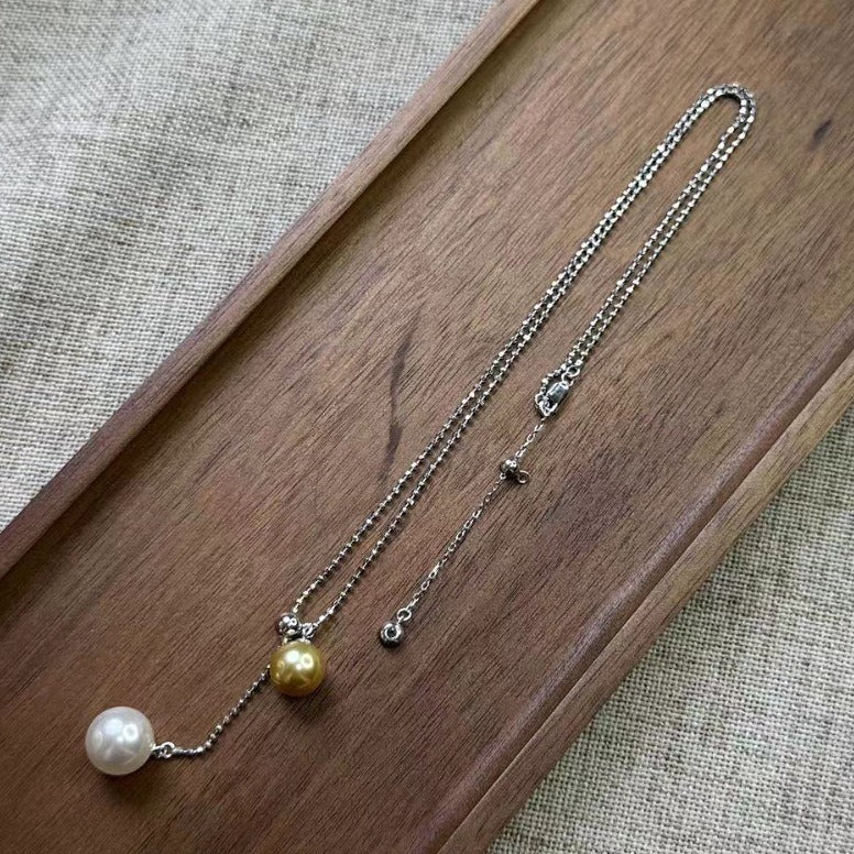 Pure Silver S925 Shijia Pearl Two-tone Bead Adjustable Necklace Clavicle Chain Niche
