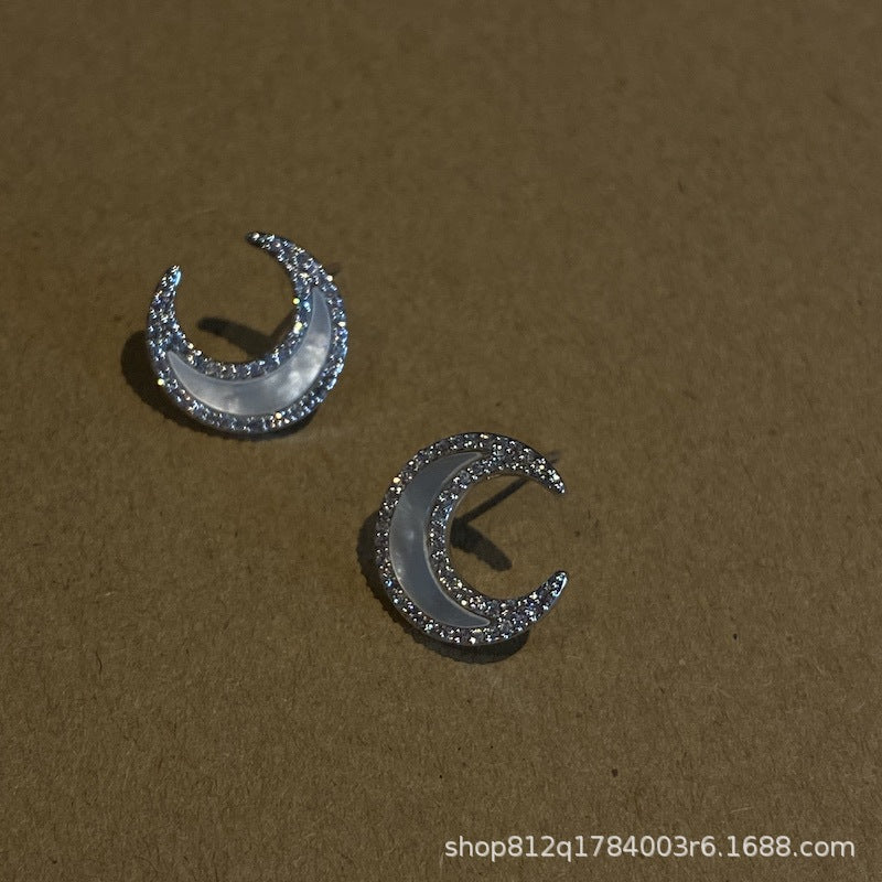 Iris Moon Sea Inlaid Diamond Shell Earrings for Women,S925 Pure Silver Simple Minimalist Style Earrings