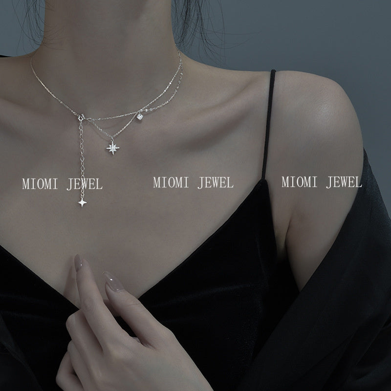 S925 Sterling Silver Sparkling Diamond Hexagram Necklace for Women Minimalist Double Layer Tassel Collarbone Chain