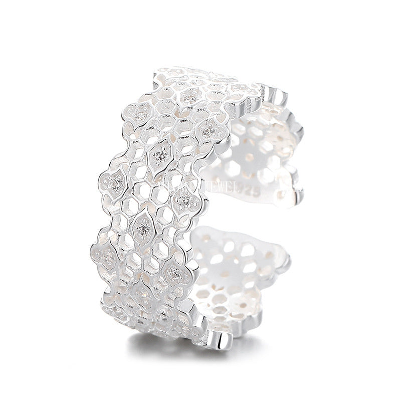 S925 Sterling Silver Irregular Hollow Diamond Ring for Women, Light Luxury, Elegant Commuting, Niche Versatile Ins Lace Ring