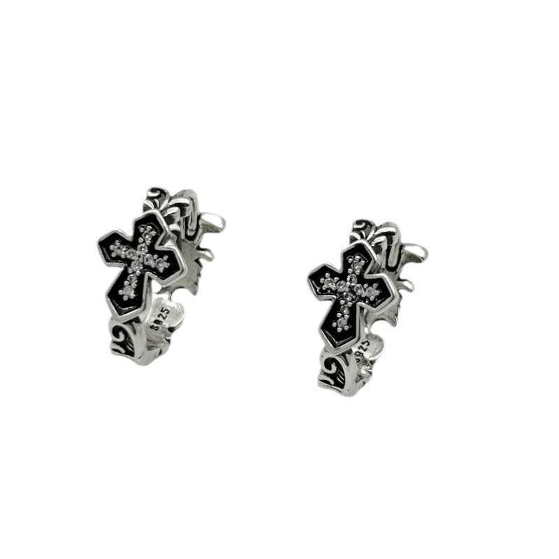 925 Sterling Silver Cross Inlaid with Zirconia Personality Trendy Fashion Retro Earrings Niche Versatile Hypoallergenic Stud Earrings