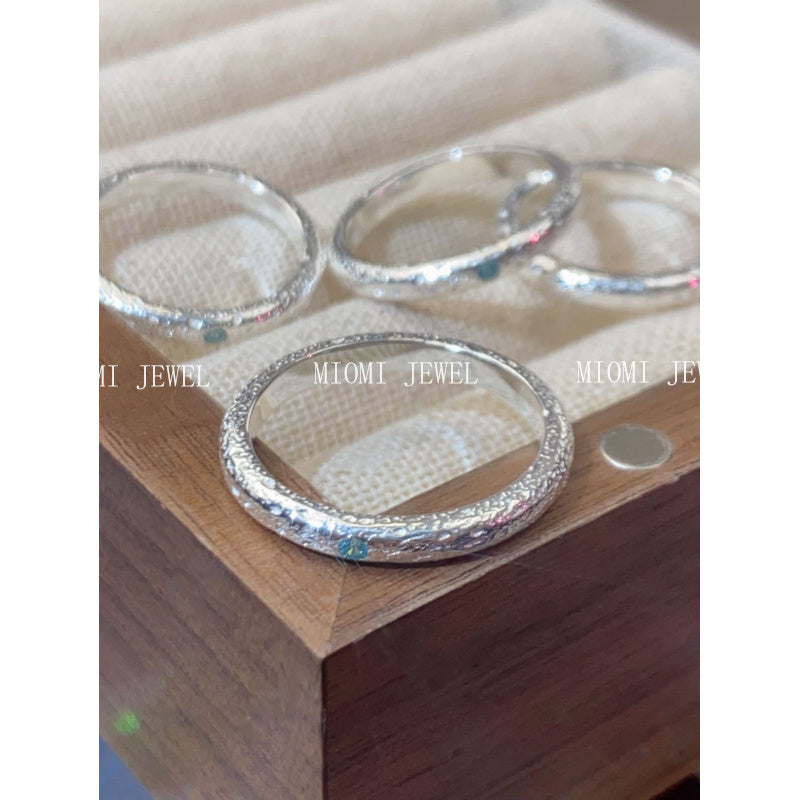 S925 Sterling Silver Brushed Aquamarine Ring for Women, Simple Style, Niche Design, Unique Matte Texture Index Finger Ring