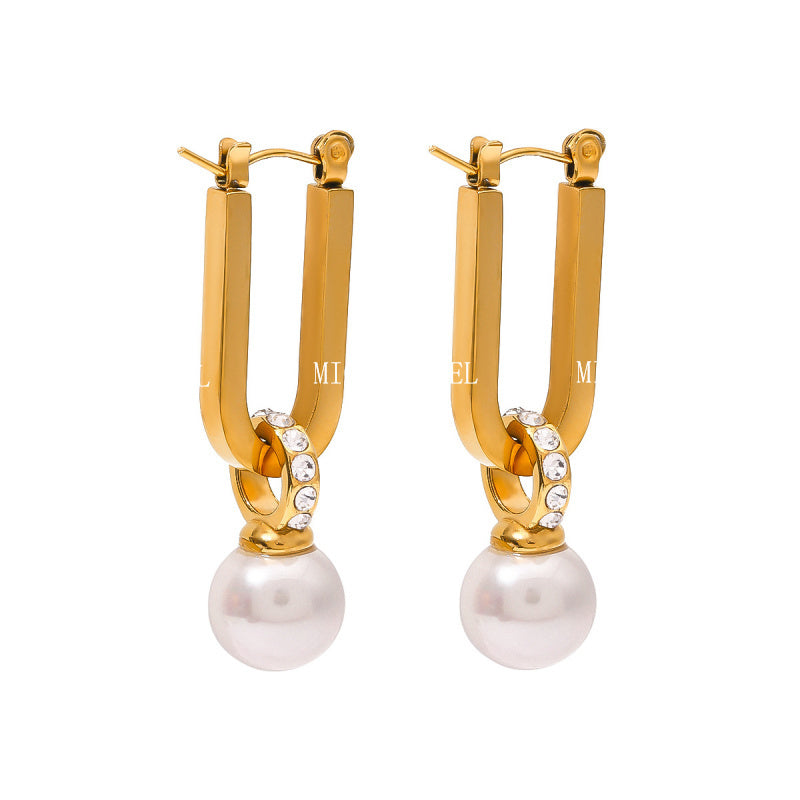 Stainless Steel Pearl Earrings Zircon Studs High-End Ins Style Earrings 18k Gold Titanium Steel Ear Clips