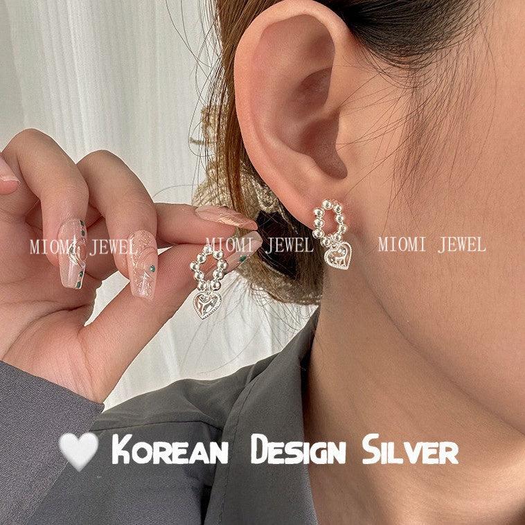 S925 Sterling Silver Beaded Hammered Heart Earrings Unique High-end Feel Women's Niche Fashion Xiaohongshu Same Style Earrings
