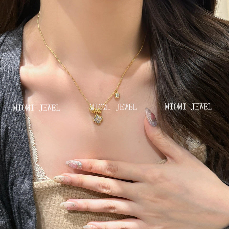 S925 Sterling Silver Circle Running Ring Four-Leaf Flower Necklace Fashion Versatile Niche Collarbone Chain for Women