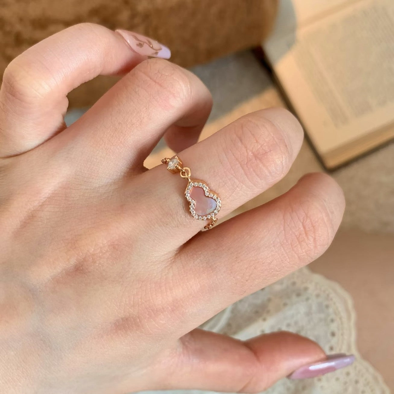 Sterling Silver S925 Natural Pink Shell Red Agate Gourd Ring Adjustable Light Luxury High-End Niche Versatile Exquisite Style