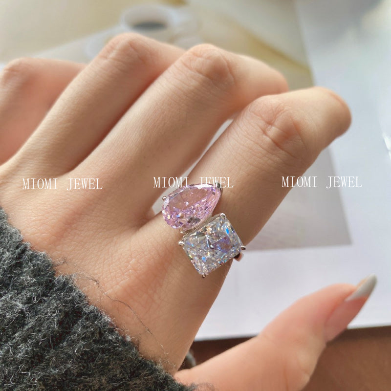 S925 Sterling Silver Double Main Stone Ice Flower Cut Ring for Women Inlaid with High Carbon Diamond Zircon European and American High-end Fashion Wedding Ring