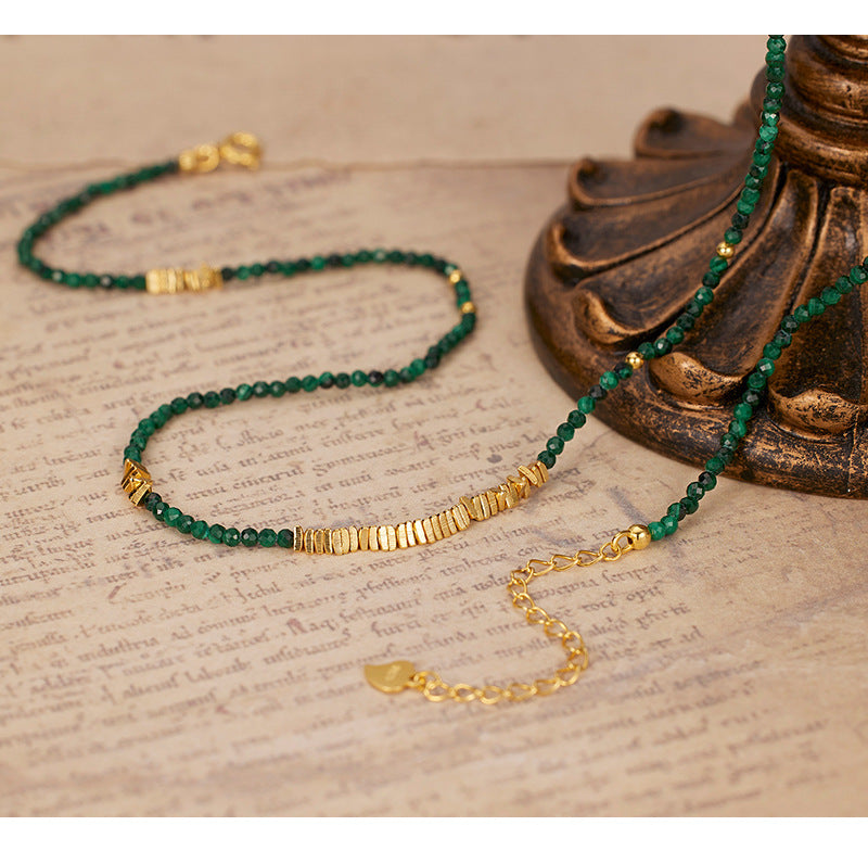Natural Malachite S925Women's Sterling Silver Necklace French Retro Beaded with Clavicle Chain Accessories High Sense Necklace