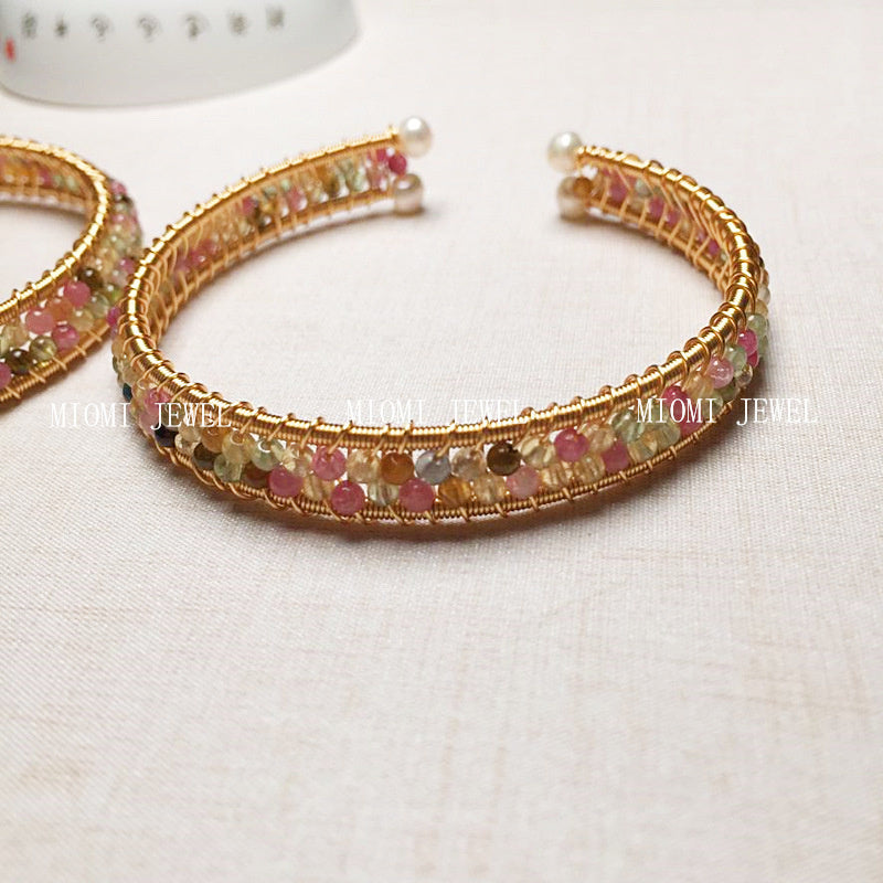 Tourmaline Bracelet 14K Gold Filled Handmade Wire Wrapping Craft Freshwater Pearl Finish Women's Stone
