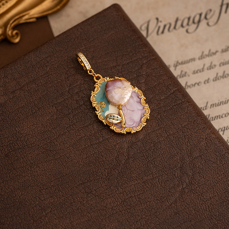 diy gold Natural Baroque Pearl Clasp Pendant Exquisite Oil Drop Flower Oil Painting Style
