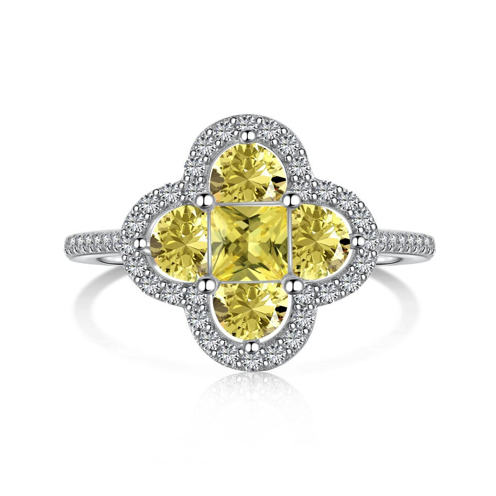 Cross-Border Hot S925 Sterling Silver Yellow Diamond Ring Female Noble Super Flash Ice Flower Cut High Carbon Diamond 8A Zircon Ring