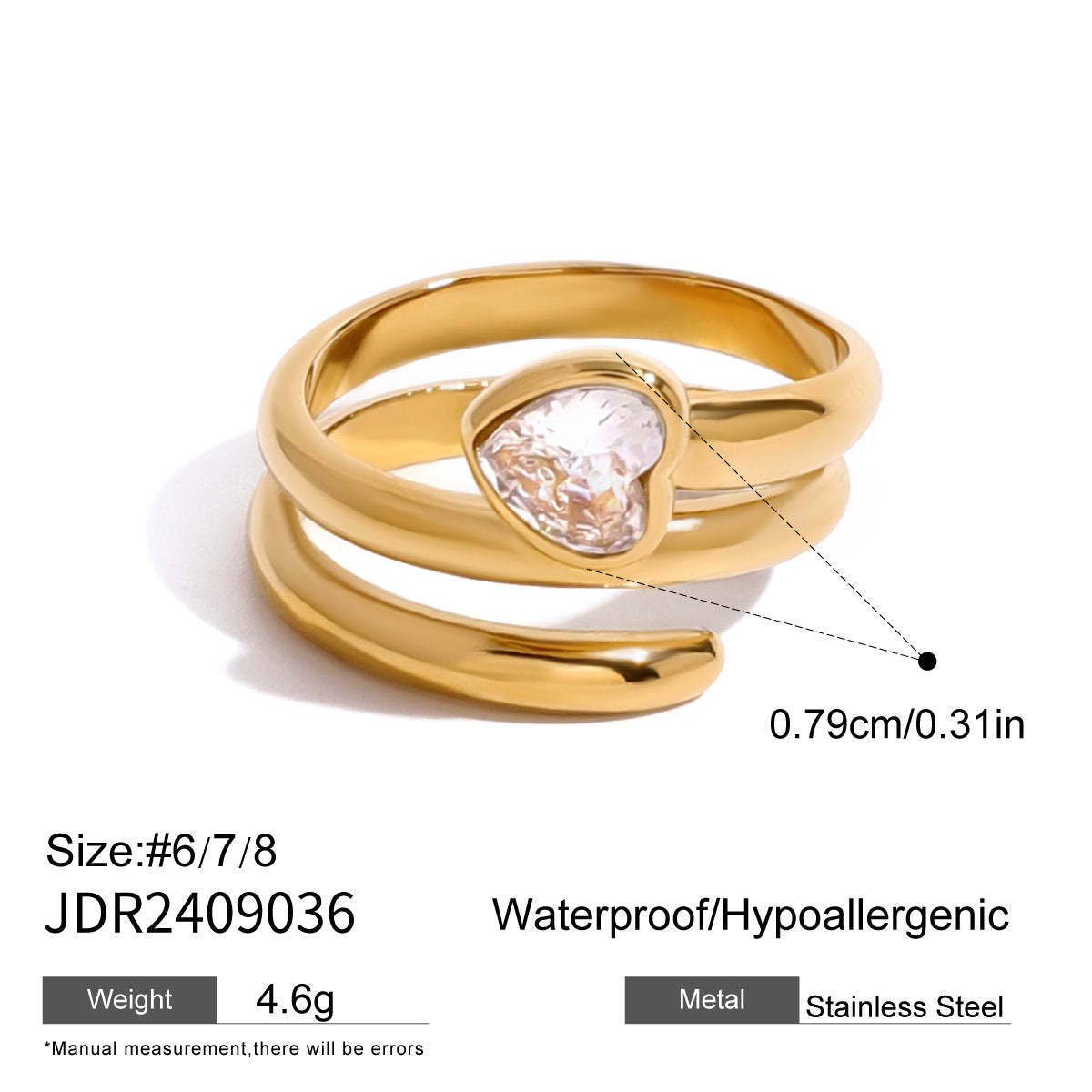 Stainless Steel gold Heart Zircon Ring High-End Niche Ring Titanium Steel Jewelry Earring