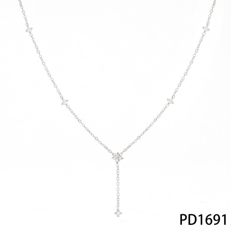 Stainless Steel Zircon Flower Y-shaped Necklace Exquisite Versatile Light Luxury High-end Cool Accessories for Women