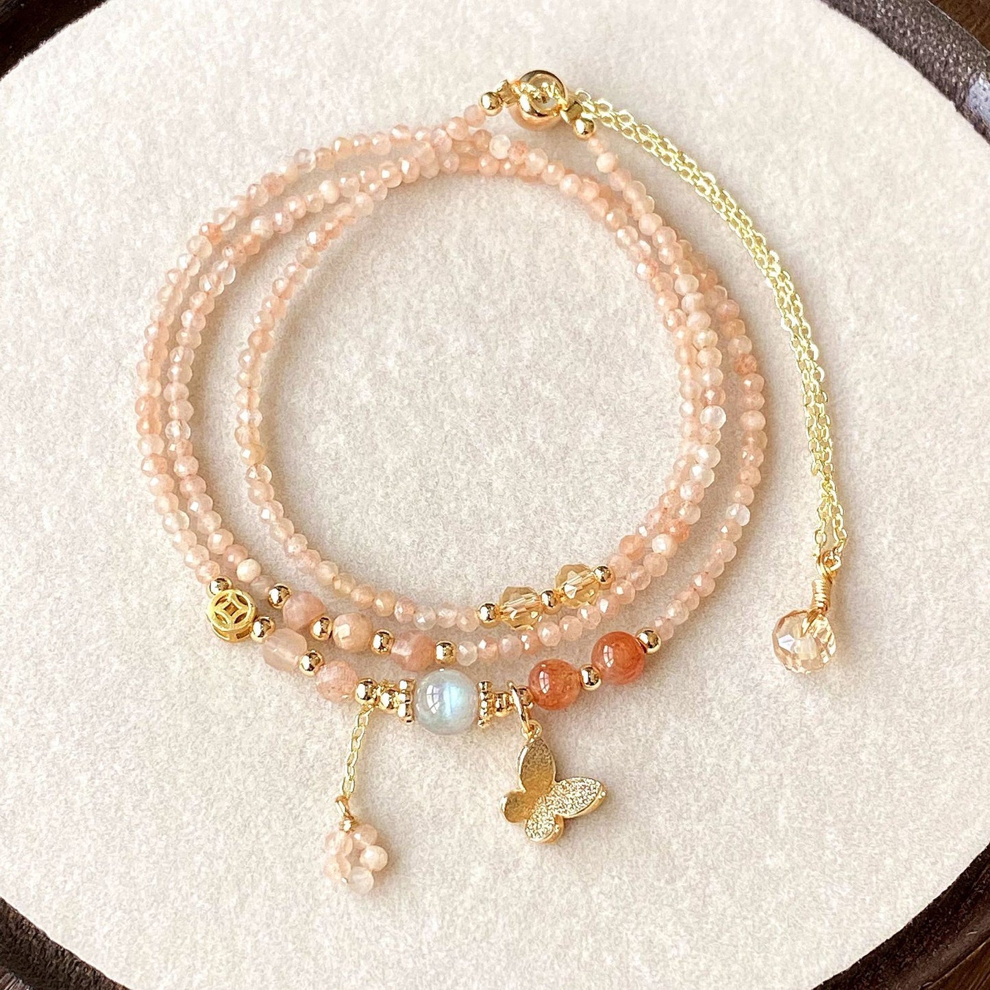 Natural Crystal Orange Sunstone, Gray Moonstone, Golden Strawberry Quartz Faceted Triple-Layer Multi-Strand Bracelet butterfly fairy