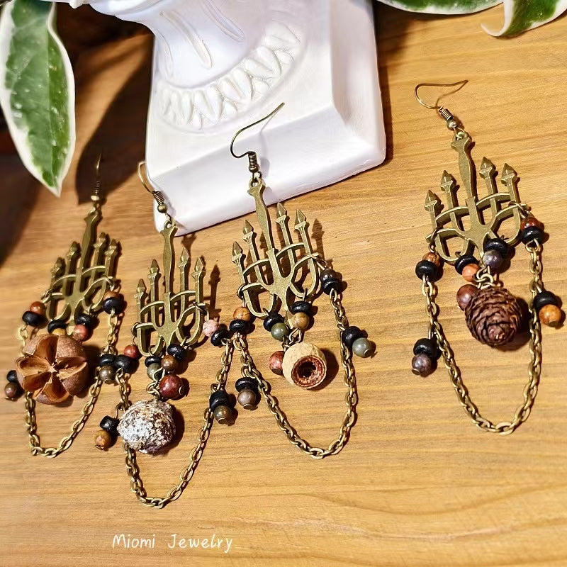 Forest-Style Vintage Niche Long Lolita Dark Gothic Palace-Style Plant Dried Fruit Bead Tassel Candle Lamp Earrings