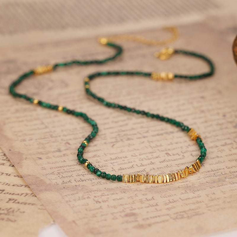 Natural Malachite S925Women's Sterling Silver Necklace French Retro Beaded with Clavicle Chain Accessories High Sense Necklace