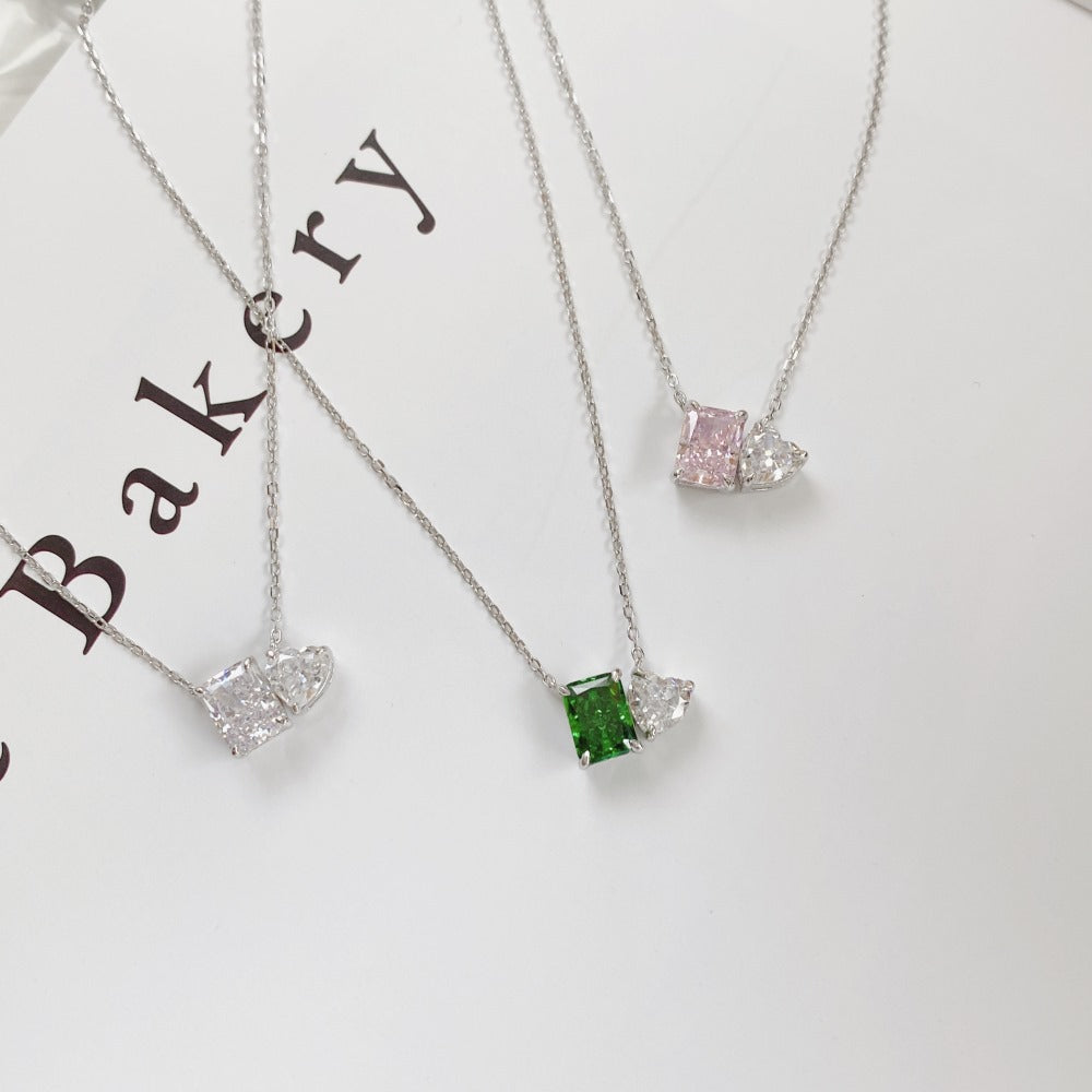 S925 Sterling Silver High Carbon Diamond Necklace for Women Ice Flower Cut Pink Heart Pendant Green Diamond High-end Collarbone Chain