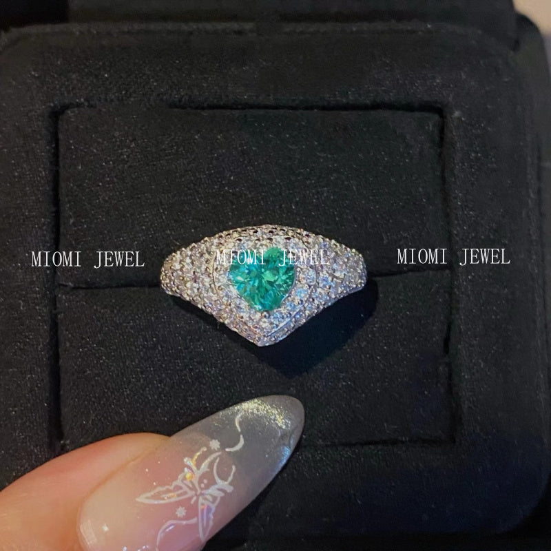 S925 Sterling Silver North Island Lovers Vintage Paraiba Heart Full Diamond Ring Antique Style Peach Heart Gemstone Diamond Ring
