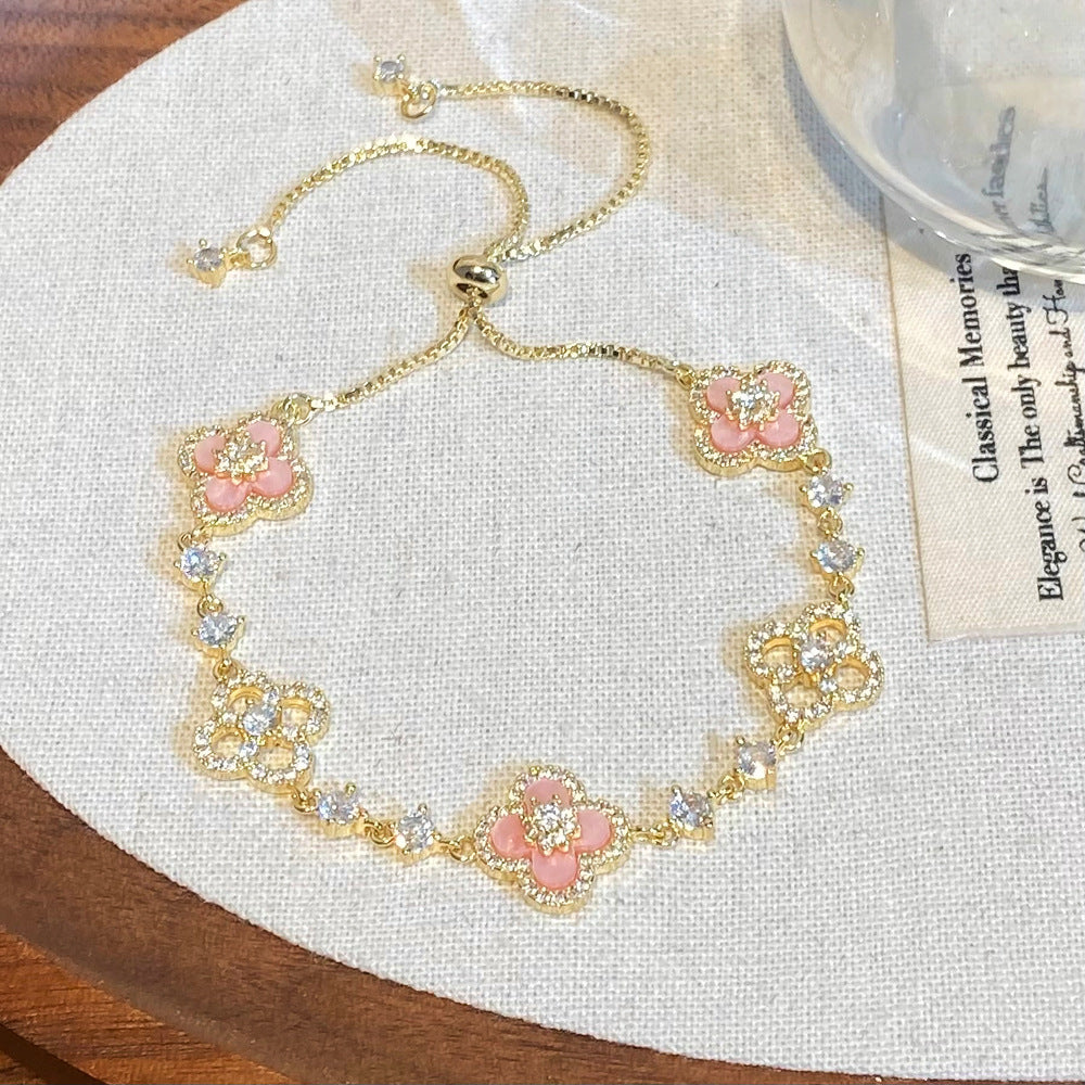 Popular Pink silver Four-Leaf Flower Earrings, ewelry Set Minimalist Luxury & Niche Style