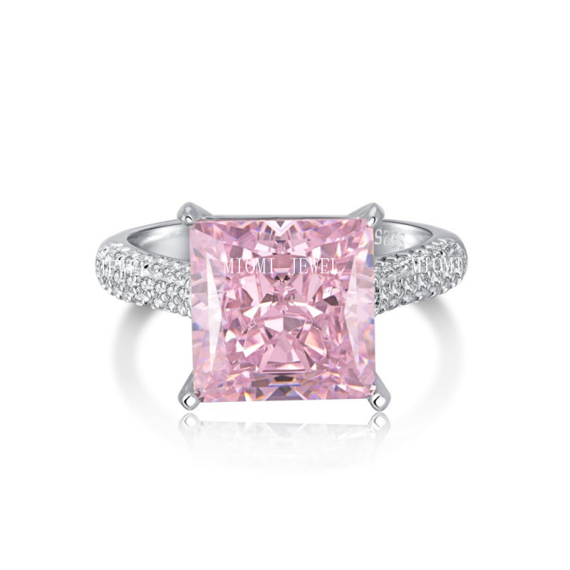 925 Sterling Silver Women's INS Heart Pink Ring Pink Diamond Sugar Cube Super Sparkling High Carbon Diamond Ring Wedding Ring