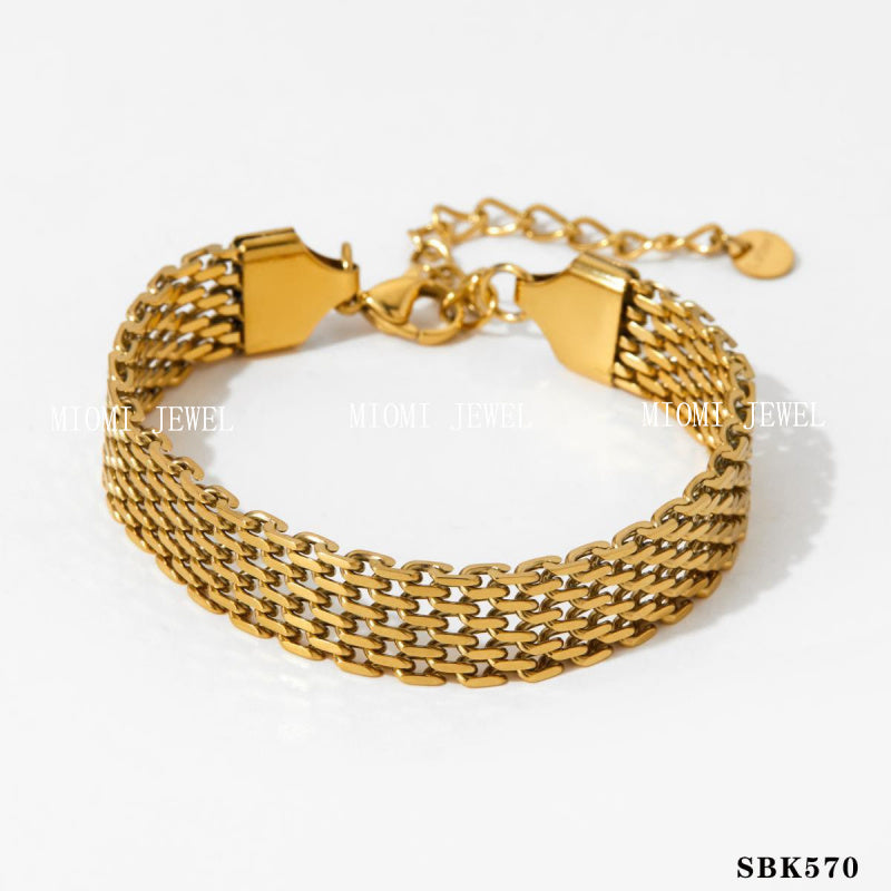 Stackable Bracelet Set Combination Stainless Steel Exquisite Diamond-Encrusted Wide Strap Mesh Chain Heart Bracelet Versatile Set