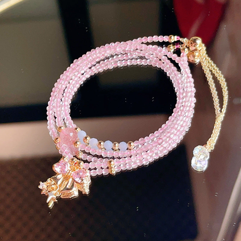 Natural Faceted Strawberry Quartz with Aquamarine Multi-layer Three-circle Bracelet and Necklace Dual-use