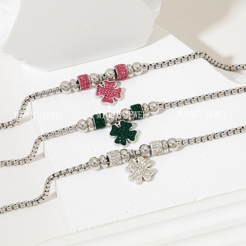 New Lucky Clover Bracelet for Women Stainless Steel Inlaid Diamond Four-Leaf Clover Bracelet Sweet Fairy Style Color-Retaining Jewelry