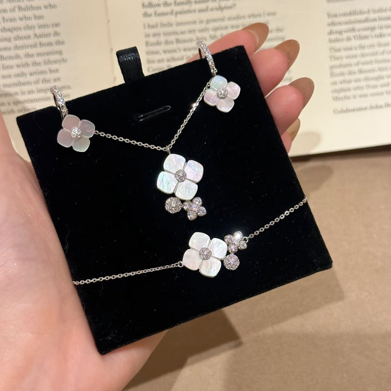 Pure Silver S925 Dragon Heart Style Butterfly Orchid White Shell Necklace Bracelet Earrings Set Light Luxury High-end Elegant Temperament