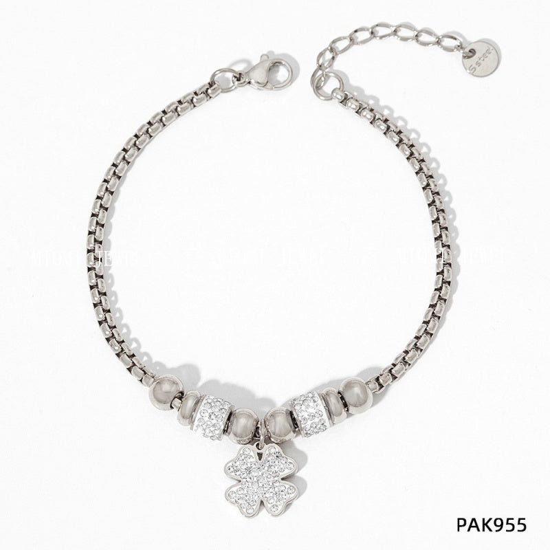 New Lucky Clover Bracelet for Women Stainless Steel Inlaid Diamond Four-Leaf Clover Bracelet Sweet Fairy Style Color-Retaining Jewelry