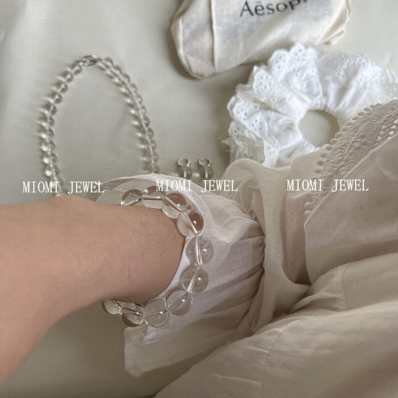 White Crystal Round Bead OT Buckle Bracelet S925 Sterling Silver Ins Niche Simple Versatile Bangle Minimalist Style High-end Feel