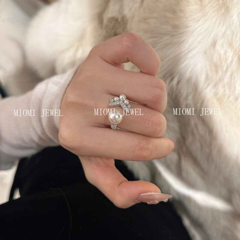S925 Sterling Silver Micro Inlaid Zircon Pearl Fish Tail Ring Niche Design Sense V-shaped Diamond Ring Tail Ring for Women