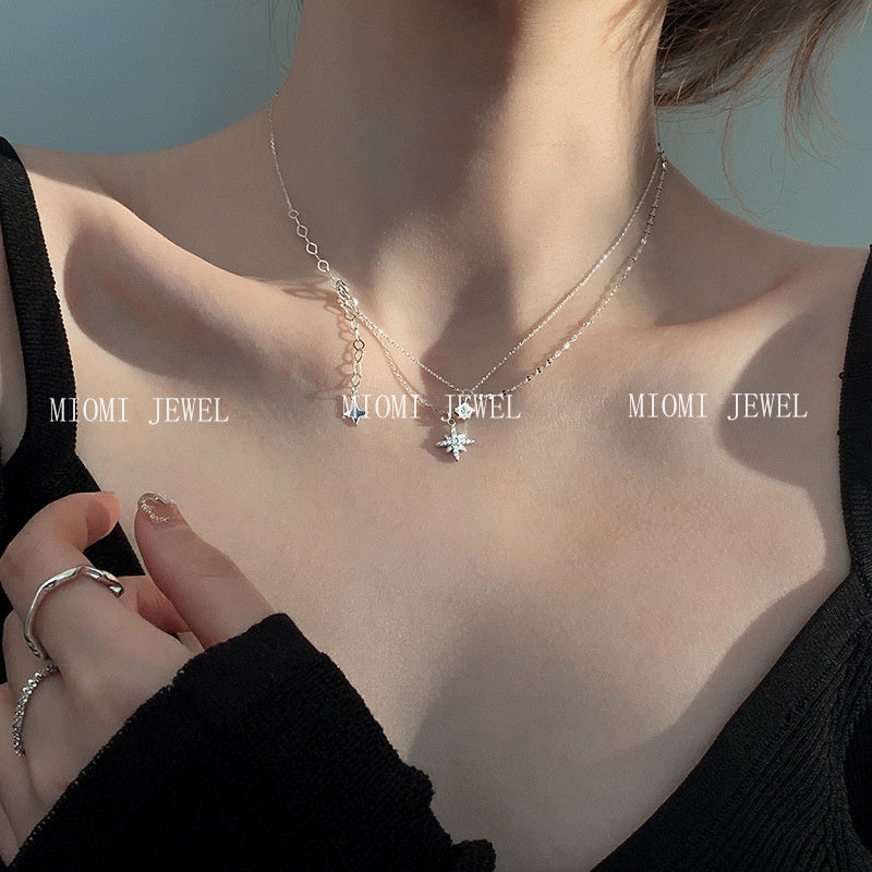 S925 Sterling Silver Sparkling Diamond Hexagram Necklace for Women Minimalist Double Layer Tassel Collarbone Chain