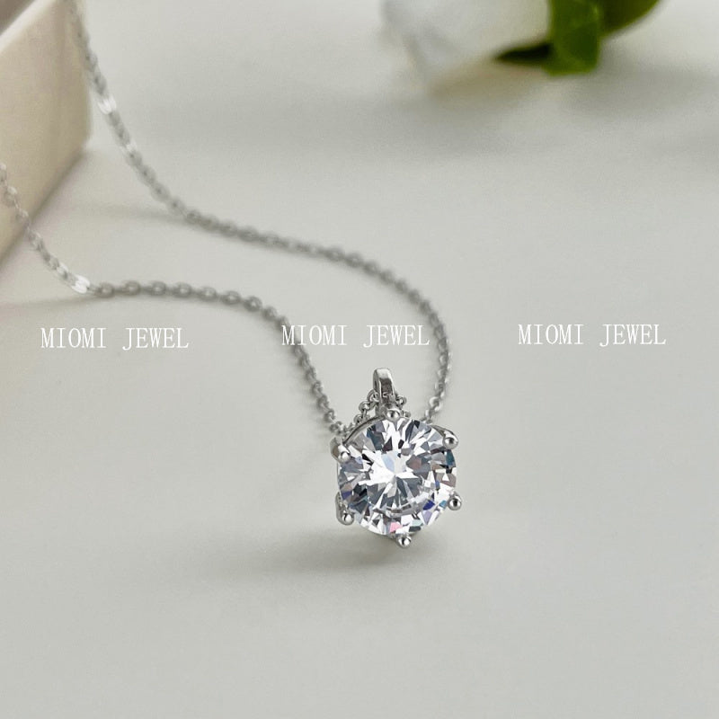 S925 Sterling Silver Zircon Necklace for Women Fashion High-End Inlaid Single Diamond Classic Simple Six-Prong Pendant Collarbone Chain
