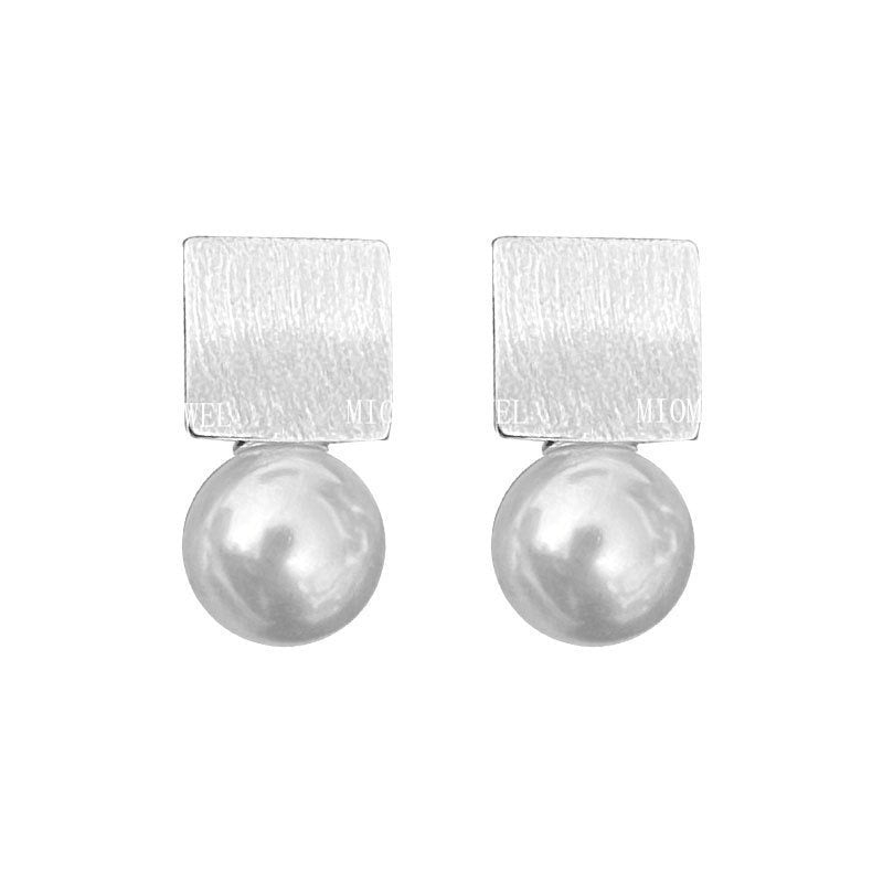 Geometric Square Pearl Stud Earrings for Women 925 Silver French Retro Niche Brushed Ear Jewelry