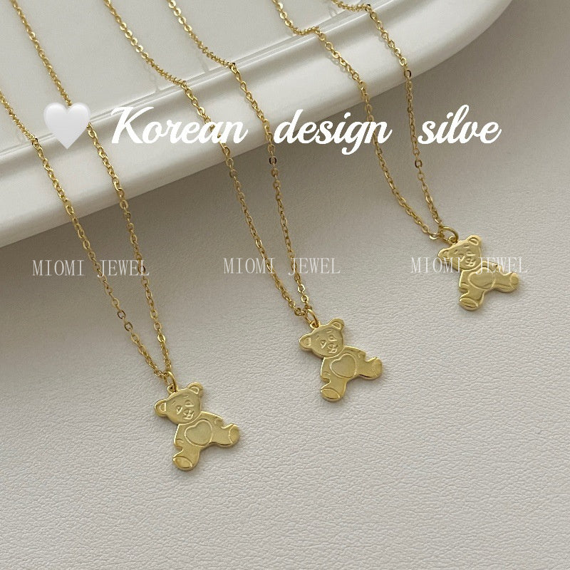 Korean Niche Design Cute Style Silver S925 Sterling Silver GoldJewelry Bear Necklace Versatile Collarbone Chain