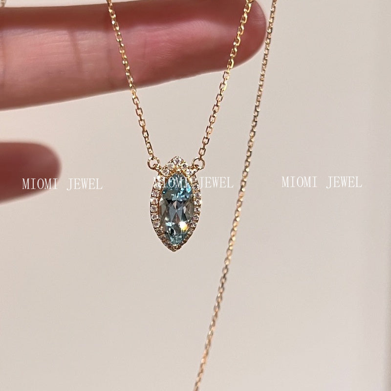 Sparkling Horse Eye Aquamarine Zircon Necklace for Women S925 Sterling Silver Olive Pendant Gemstone Collarbone Chain Vintage Style