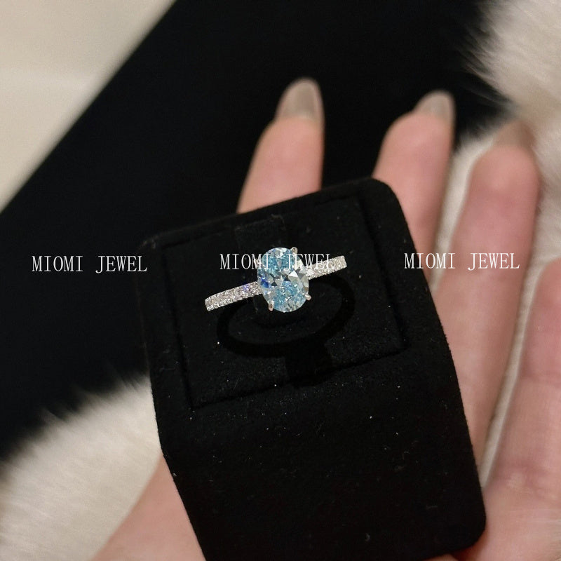 S925 Sterling Silver Aquamarine Water Drop Oval Ring Earrings Necklace Versatile High-End Niche Jewelry Set