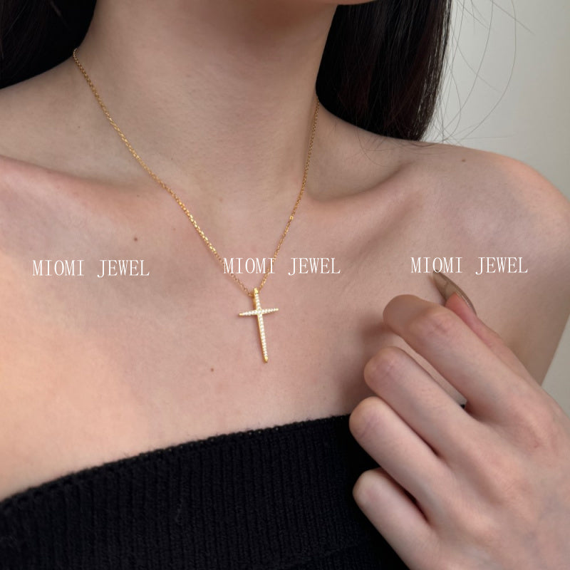 Silver S925 White Round Zircon Inlaid Cross Shape Simple Minimalist Unisex Fashion Versatile Design Necklace
