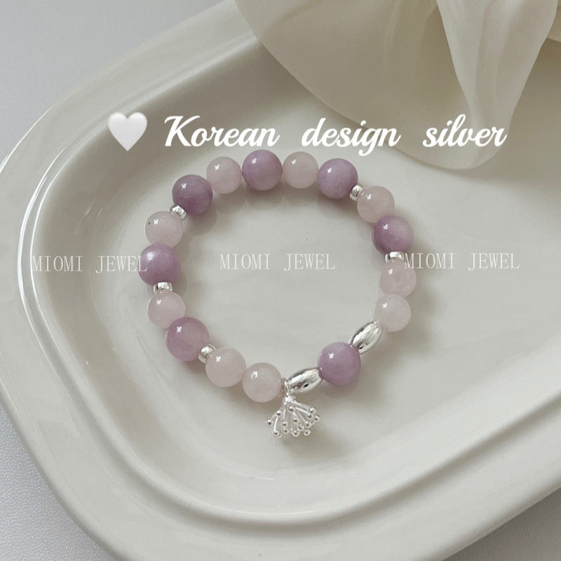 Korean Style Simple High-End Fresh S925 Sterling Silver Purple Mica Pink Crystal Flower Pistil Elastic Cord Bracelet for Women
