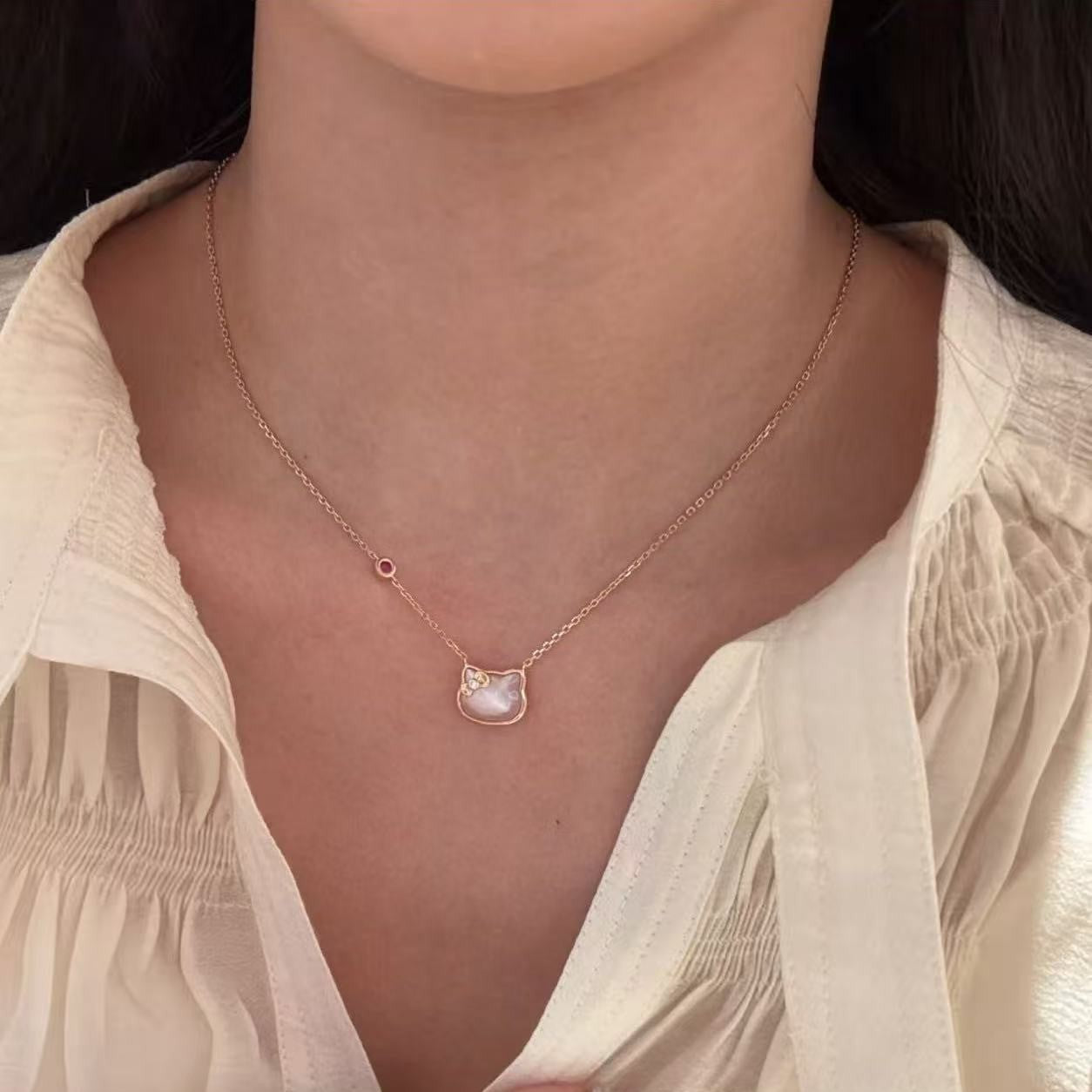 Sterling Silver S925 Natural Pink Shell Kitty Cat Necklace Earring Set Niche Simple High-end Light Luxury Fashion Versatile