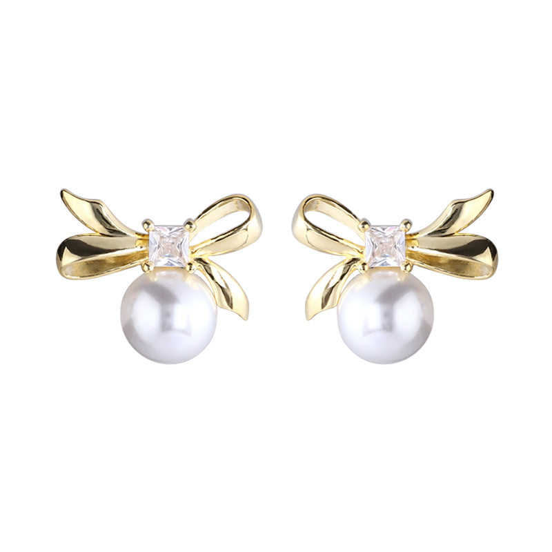925 Sterling Silver Bowknot Square Zircon Earrings for Women Simple Sweet Girly Temperament Pearl Earrings 8646A