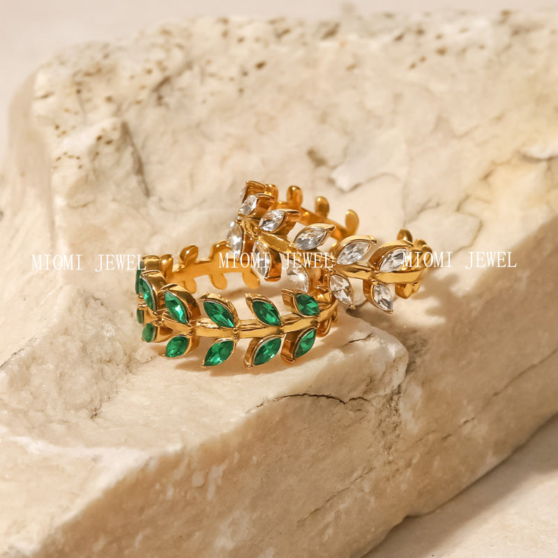 INS Internet Celebrity New Titanium Steel Ring 18K Gold Stainless Steel Leaf-Shaped Inlaid White/Green Zircon Ring