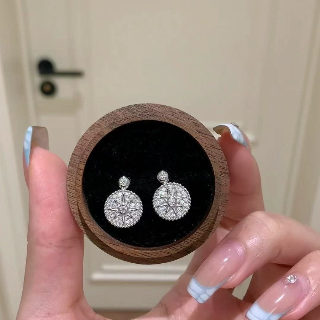Pure Silver S925 Starry Full Diamond Compass Earrings Elegant Earrings Niche Design High-end Sparkling Ear Jewelry