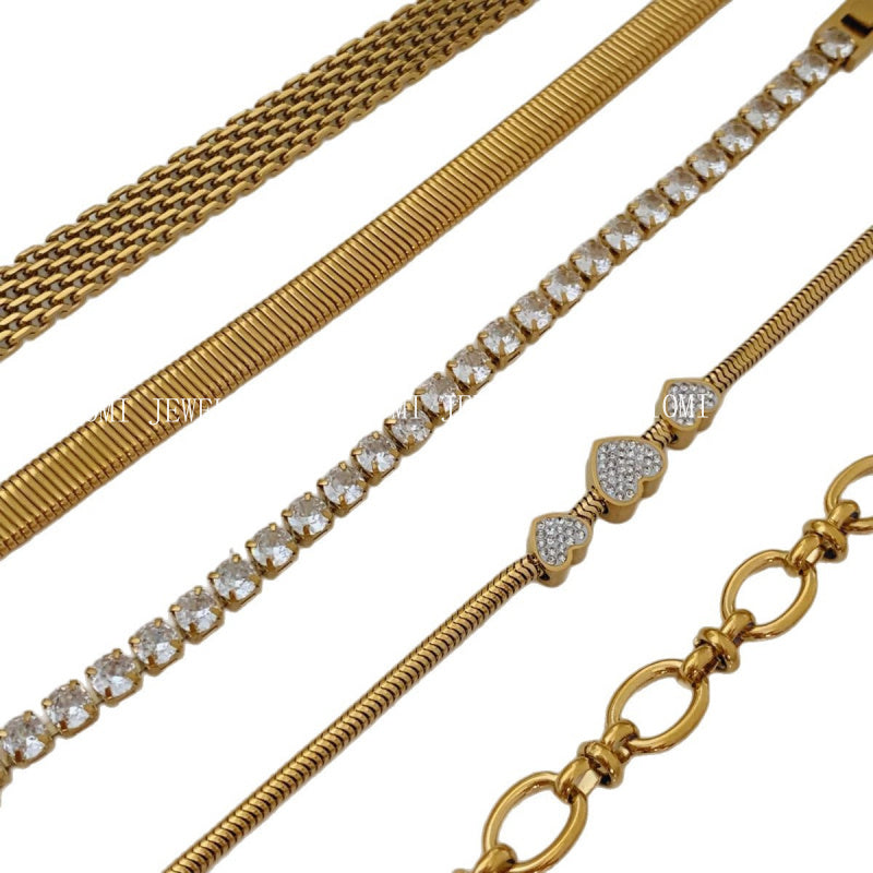 Stackable Bracelet Set Combination Stainless Steel Exquisite Diamond-Encrusted Wide Strap Mesh Chain Heart Bracelet Versatile Set