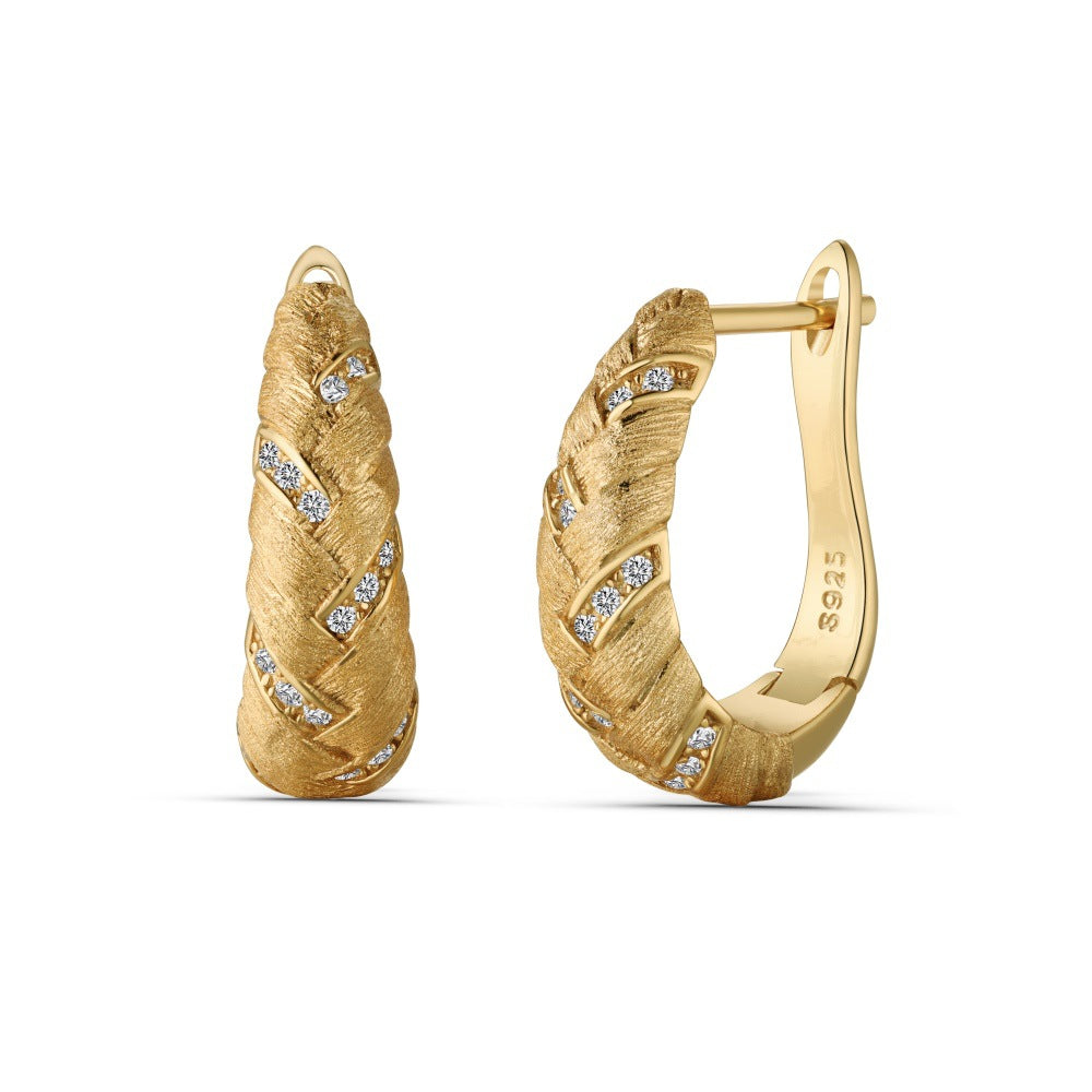 S925 Brushed Diamond-Studded Wheat Ear Woven Earrings Studs Exquisite Design Sense Light Luxury Vintage Retro