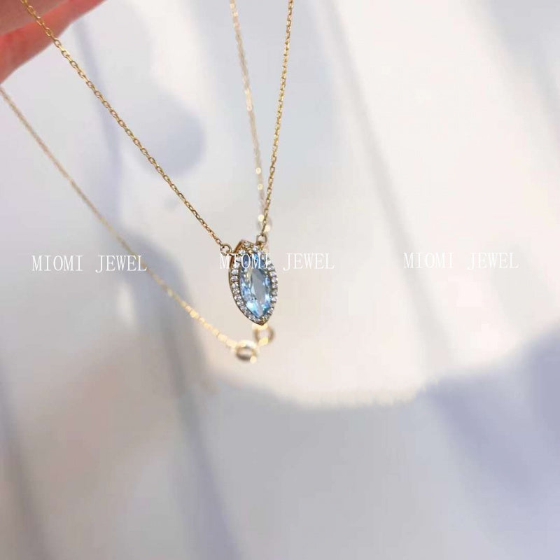 Sparkling Horse Eye Aquamarine Zircon Necklace for Women S925 Sterling Silver Olive Pendant Gemstone Collarbone Chain Vintage Style