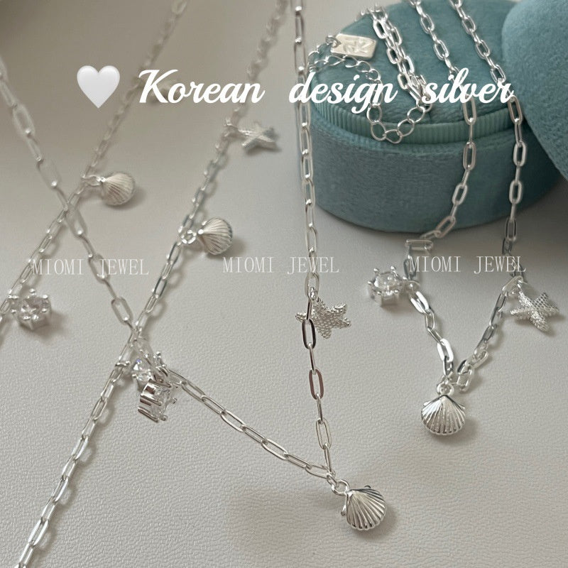 S925 Sterling Silver Blue Starfish Shell Zircon Necklace Fresh and Versatile