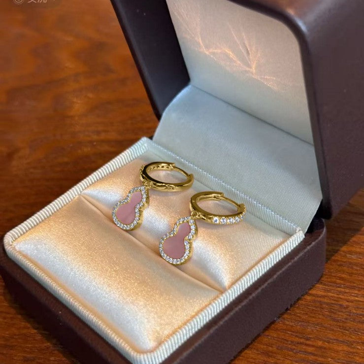 Pure Silver S925 Chinese Style Natural Pink Shell Gourd Earrings Elegant Light Luxury Versatile Design Sense Niche High-end Earrings