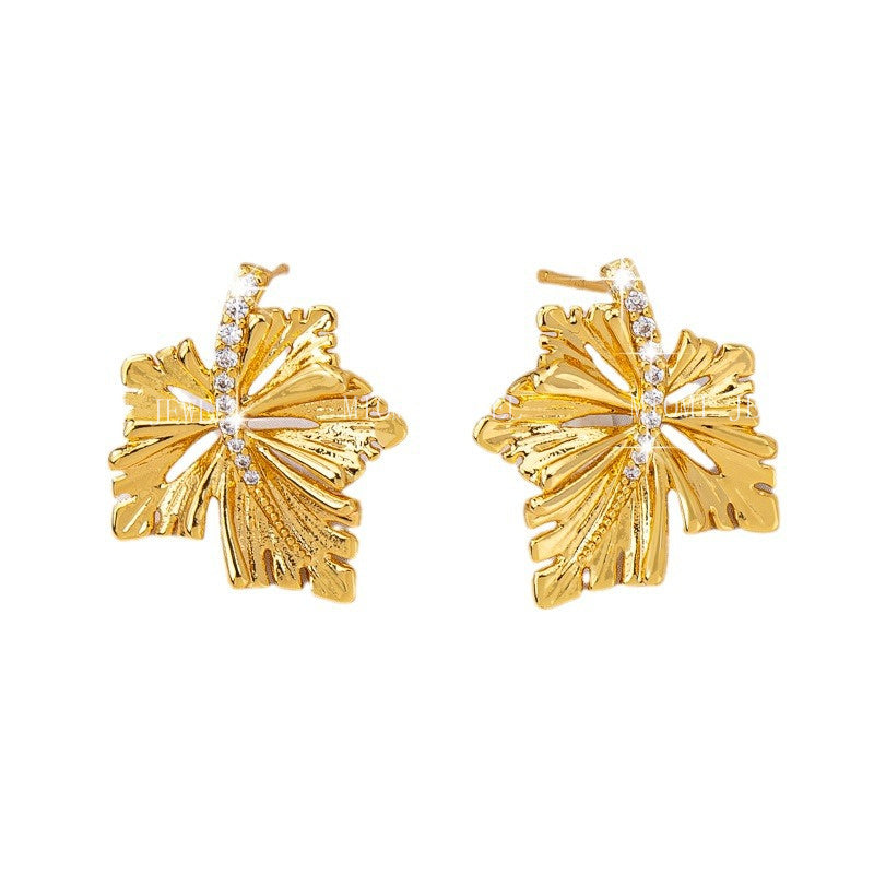S925 Silver Needle Earrings Maple Leaf 18K Real Gold Earrings for Women Runaway Princess High-end Design Versatile Ear Jewelry
