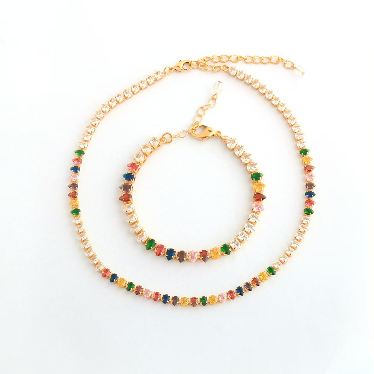 Unique Light Luxury Dopamine Jewelry Set - Women's Collarbone Chain & Bracelet with Colored Zircon Inlays